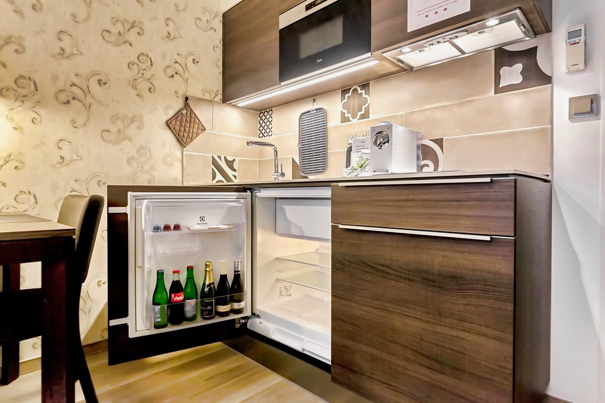 Fully equipped kitchen fridge at Vinohradský dům Prague Studio Attic.