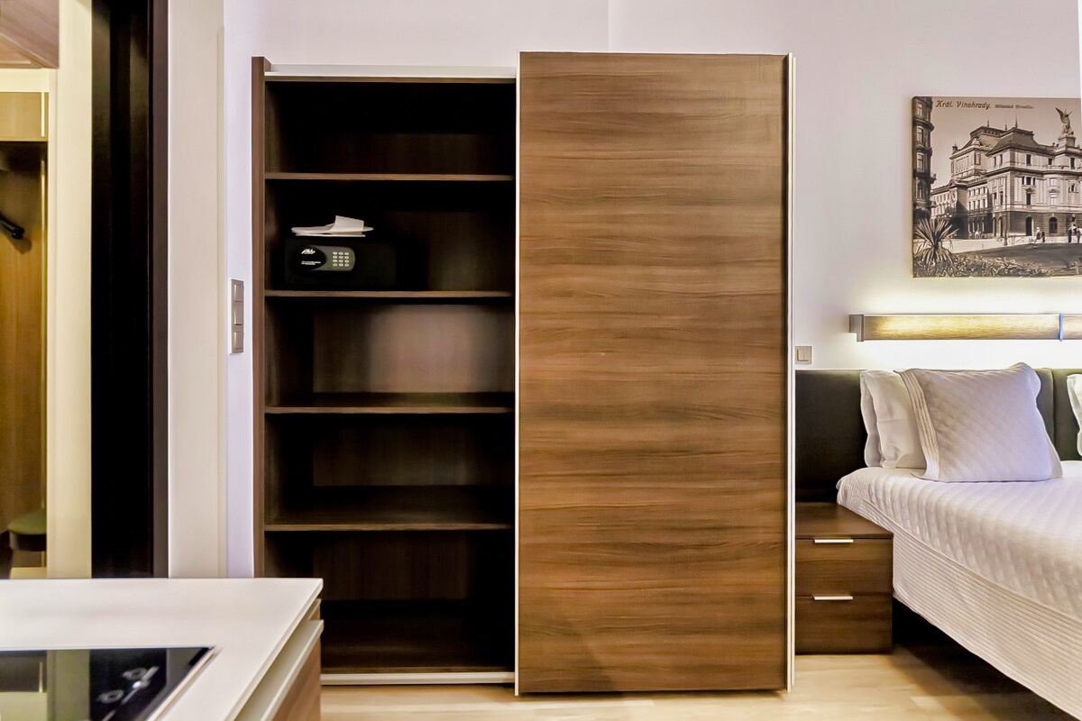 Contemporary Vinohradský Dům studio apartment with a sleek design, perfect for an urban retreat in Prague.